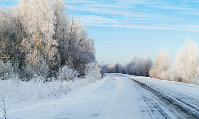 Obraz na płótnie Canvas Winter landscape. The road to frosty winter day.