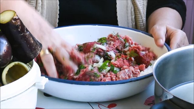 Turkish woman preparing rice and minced meat for making Sarma and Dolma - Traditional Turkish food.  Pepper, eggplant and grape leaves stuffed with rice and minced meat.