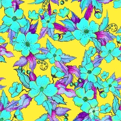 Gordijnen Hibiscus floral seamless pattern © Lev