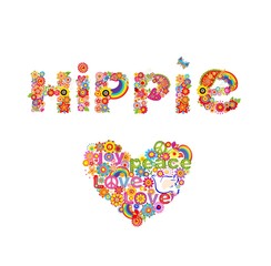 Flower colorful print with hippie lettering and heart shape with flowers, hippie symbolic and dove isolated on white background