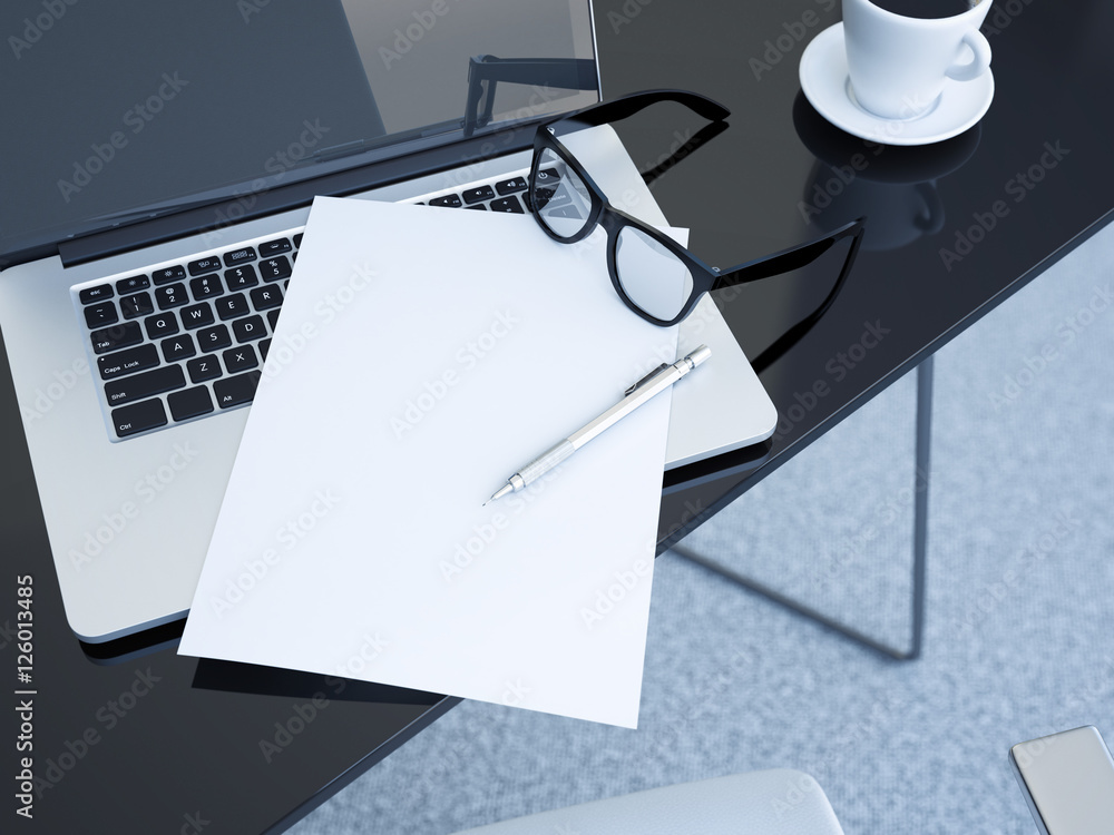Poster office table with laptop and white paper sheet. 3d rendering