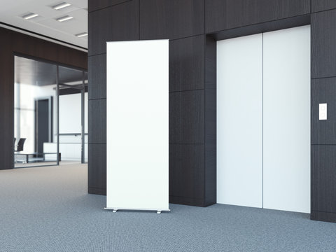White roll up bunner in modern office lobby. 3d rendering