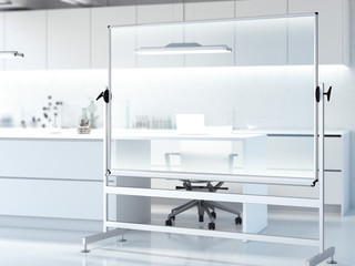 Transparent whiteboard in modern clean laboratory. 3d rendering