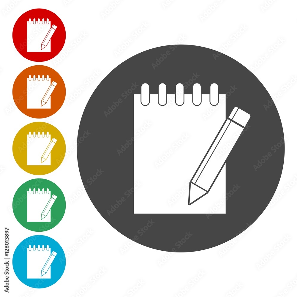 Poster notebook icon, document with pencil icons set