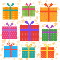Holiday gifts icons and present boxes in cartoon flat style. Vector illustration. Colored gift boxes with ribbons.