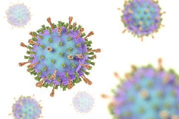 Mumps virus. 3D illustration showing structure of mumps virus with surface glycoprotein spikes heamagglutinin-neuraminidase and fusion protein