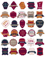 Set of Thirty Vector Badges with Ribbons. Set of vintage retro labels. Web stickers and labels. Isolated vector illustration.

