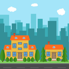 Fototapeta premium Vector city with cartoon houses and buildings. City space with road on flat syle background concept. Summer urban landscape. Street view with cityscape on a background 