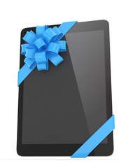 Black tablet with blue bow. 3D rendering.