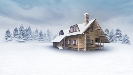 wooden cabin at winter landscape with trees