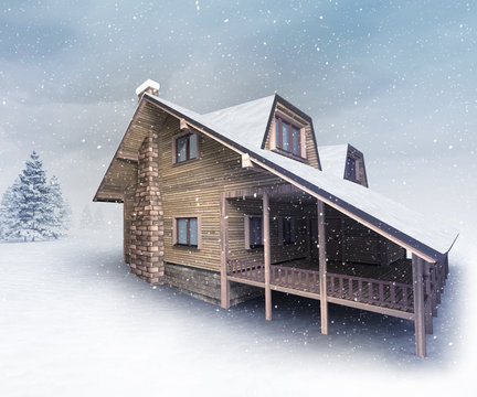 seasonal wooden lodge at winter snowfall