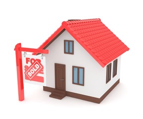 Isolated model of house with sign for sale sold. Concept of real estate, new apartment and moving to a new house. 3D rendering.