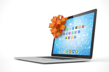 Tied laptop with red bow on white background. Modern present or gift for birthday, holiday, christmas. 3D rendering.