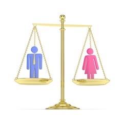 Isolated old fashioned golden pan scale with man and woman on white background. Gender inequality. Equality of sexes. Law issues. Colorful model. 3D rendering.