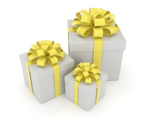 three gift boxes with bows isolated on white. 3d rendering.
