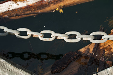 rusty chainlinks overtop logs and water