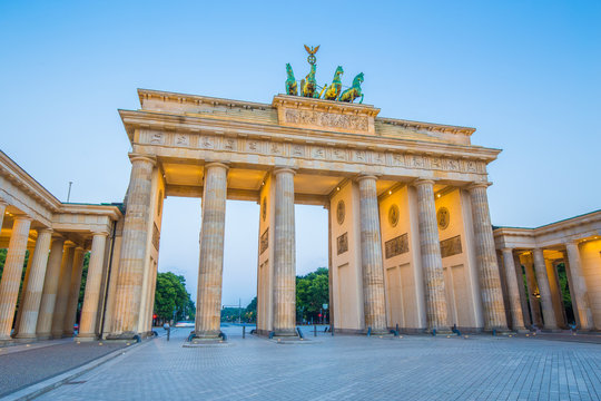 Berlin Brandenburg Gate illuminated in twilight, Berlin Mitte, Germany