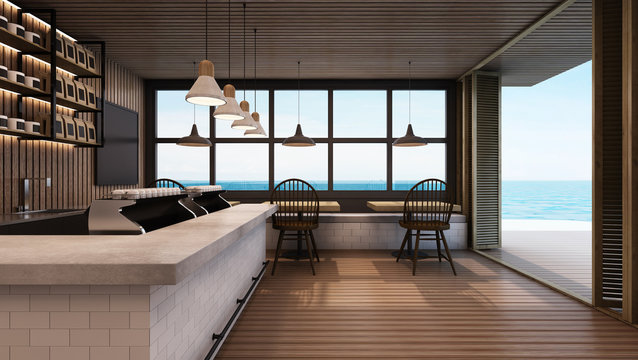 Restaurant & Shop design modern take sea view - 3D render