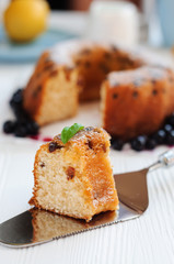 Piece of cake with raisins close-up