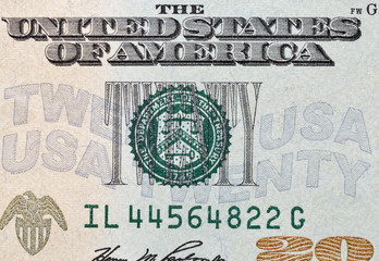 US twenty dollars bill closeup macro