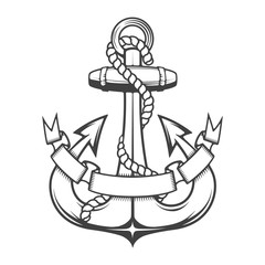 monochrome anchor with ribbon. Design element for logo, label, emblem, sign, brand mark. Vector illustration.
