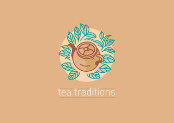 Tea traditions. Teapot and Tea grenn or black leaves