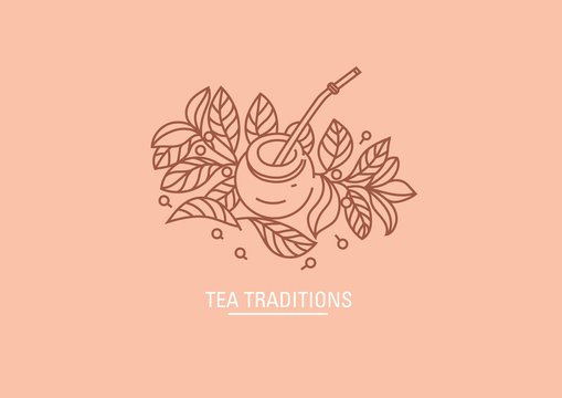 Logo on tea traditions. Tea leaves and tea mate