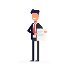 Businessman or manager should document and shows him hand. Successful smiling man in a business suit. Vector, illustration EPS10.