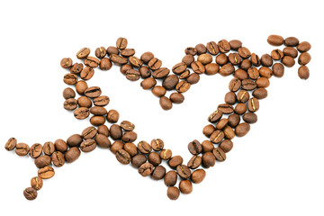 Roasted coffee beans in shape of heart with cupid arrow, isolated on white background.