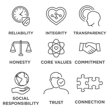 Business Ethics Icon Set with social responsibility, corporate core values, reliability, transparency, etc.