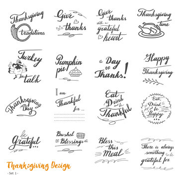 Big set of Thanksgiving hand lettering, calligraphy design elements isolated on white background. Handwritten phrases on Thanksgiving theme in modern black brush pen style. Vector illustration. Set 1.