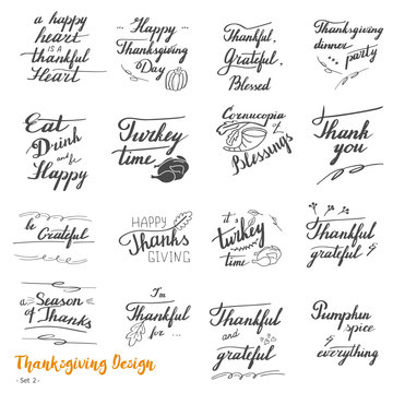 Big set of Thanksgiving hand lettering, calligraphy design elements isolated on white background. Handwritten phrases on Thanksgiving theme in modern black brush pen style. Vector illustration. Set 2.