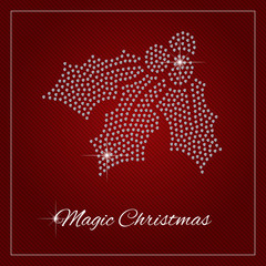 Holly berry, mistletoe. Christmas greeting card or poster. Shimmering diamond luxury template. Fashion ornament crystal precious, silver applique rhinestones Christmas brilliant stone design. Vector.
