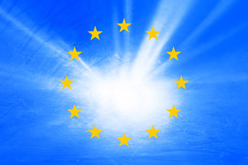 European union flag with grunge textured bright ray of light illustration background.