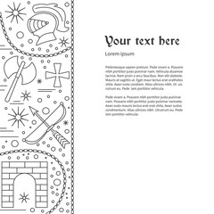 Poster, flyer with medieval line icons, symbols. Knight helmet, Medieval castle gate, double axe, crossbow, knight cross, chain. Vector template with medieval design elements and place for your text.