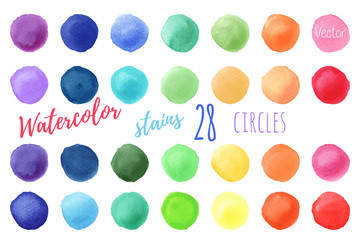 Hand painted rainbow watercolor circles. Set of watercolor abstract texture backgrounds. Watercolor circle design elements isolated on a white background. Watercolor round bubbles. Vector illustration