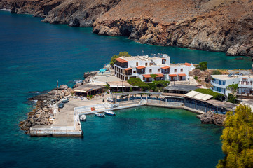 Aerial view on a sea bay of Chora Sfakion town at western part of Crete island