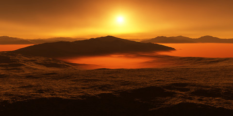 Titan, largest moon of Saturn with atmosphere. Surface landscape of Titan. Evaporating the hydrocarbon lakes. © Peter Jurik