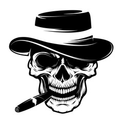 Skull with cigar and hat. Design element for emblem, badge, sign, t-shirt print. Vector illustration.
