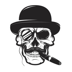 Skull in hat with cigar and monocle. Design element for logo, label, emblem, sign, brand mark, t-shirt print. Vector illustration.