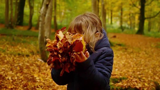 enfant jouant avec les feuilles en automne
