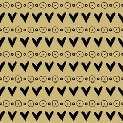 Seamless vector pattern. Brown geometrical background with hand drawn little decorative elements. Print with ethnic, folk, traditional motifs. Graphic vector illustration.