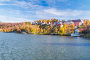 Obraz premium Beautiful town of Fuzine on Lake Bajer, Gorski kotar, Croatia, in autumn 