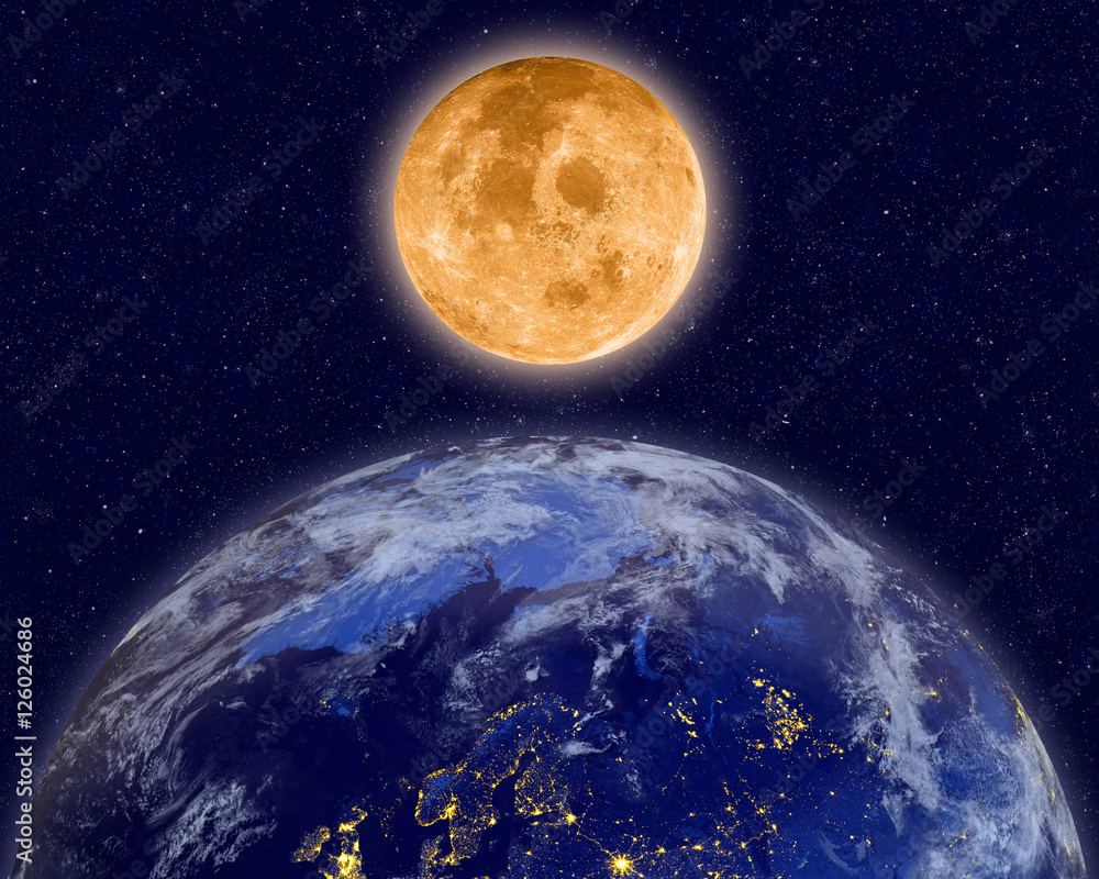 Wall mural planet earth and full moon on night sky. elements of this image furnished by nasa. 3d rendering of p