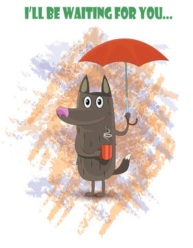 Dog standing under red umbrella on rainy and hold cup of tea