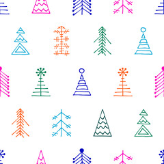 Seamless vector pattern with christmas tree and snowflakes. Colorful winter background with decorative hand drawn fir tree. Graphic illustration. Series of winter seamless vector patterns.