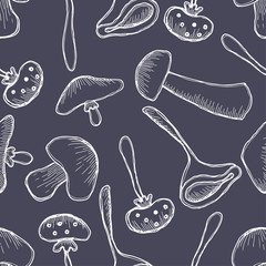 Vector illustration, Seamless blue background with different mushrooms. Hand drawn contour lines and strokes. Graphic vector illustration
