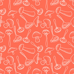 Vector illustration, Seamless red background with different mushrooms. Hand drawn contour lines and strokes. Graphic vector illustration