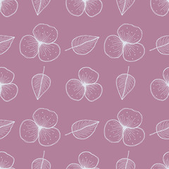Vector floral seamless pattern. Violet background with flowers, leaves. Hand drawn contour lines and strokes. Graphic vector illustration