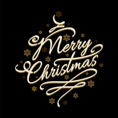 Fototapeta na wymiar Lettering Merry Christmas on black background with golden snowflakes. Vector illustration